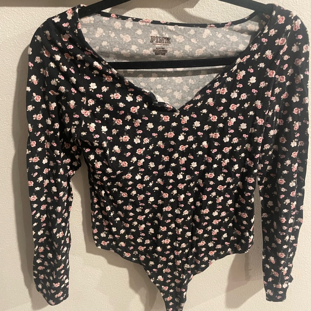 PINK Victoria's Secret‎ Black Floral Bodysuit Size Medium